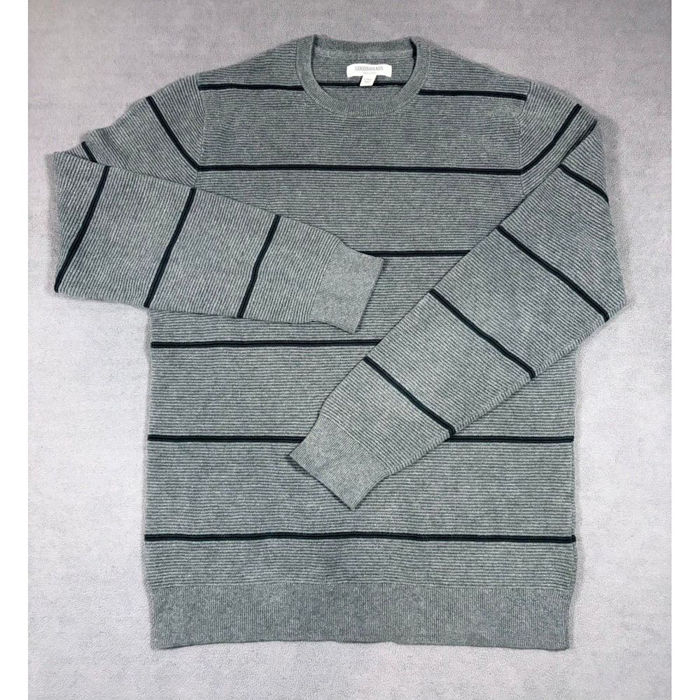 Goodthreads Sweater Mens L Tall Gray Striped Cotton Crew Neck Ribbed